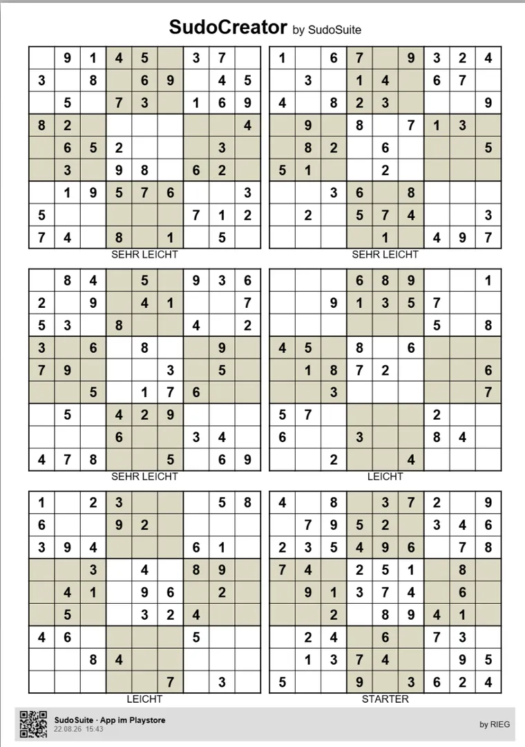 Sudoku-Blatt mit 6 Rätseln, okerfarbenes Papier, ohne QR