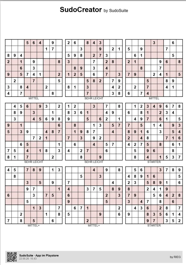 Sudoku-Blatt mit 9 Rätseln, rotes Papier, ohne QR