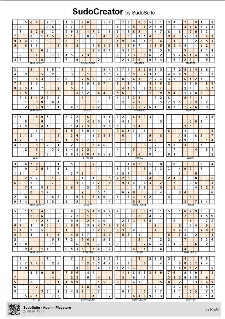 Sudoku-Blatt mit 24 Rätseln, orangefarbenes Papier, ohne QR
